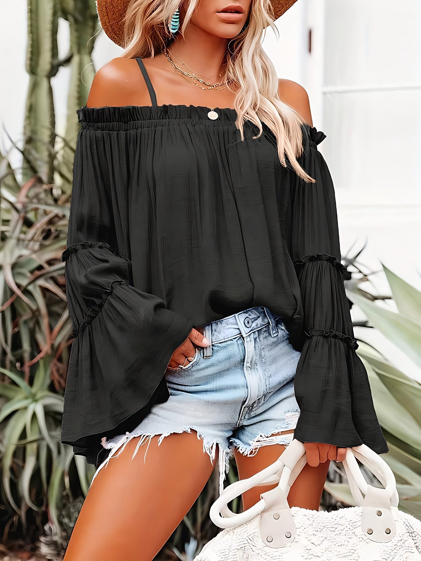 Women Elegant Solid Color off Shoulder Trumpet Sleeve Shirt