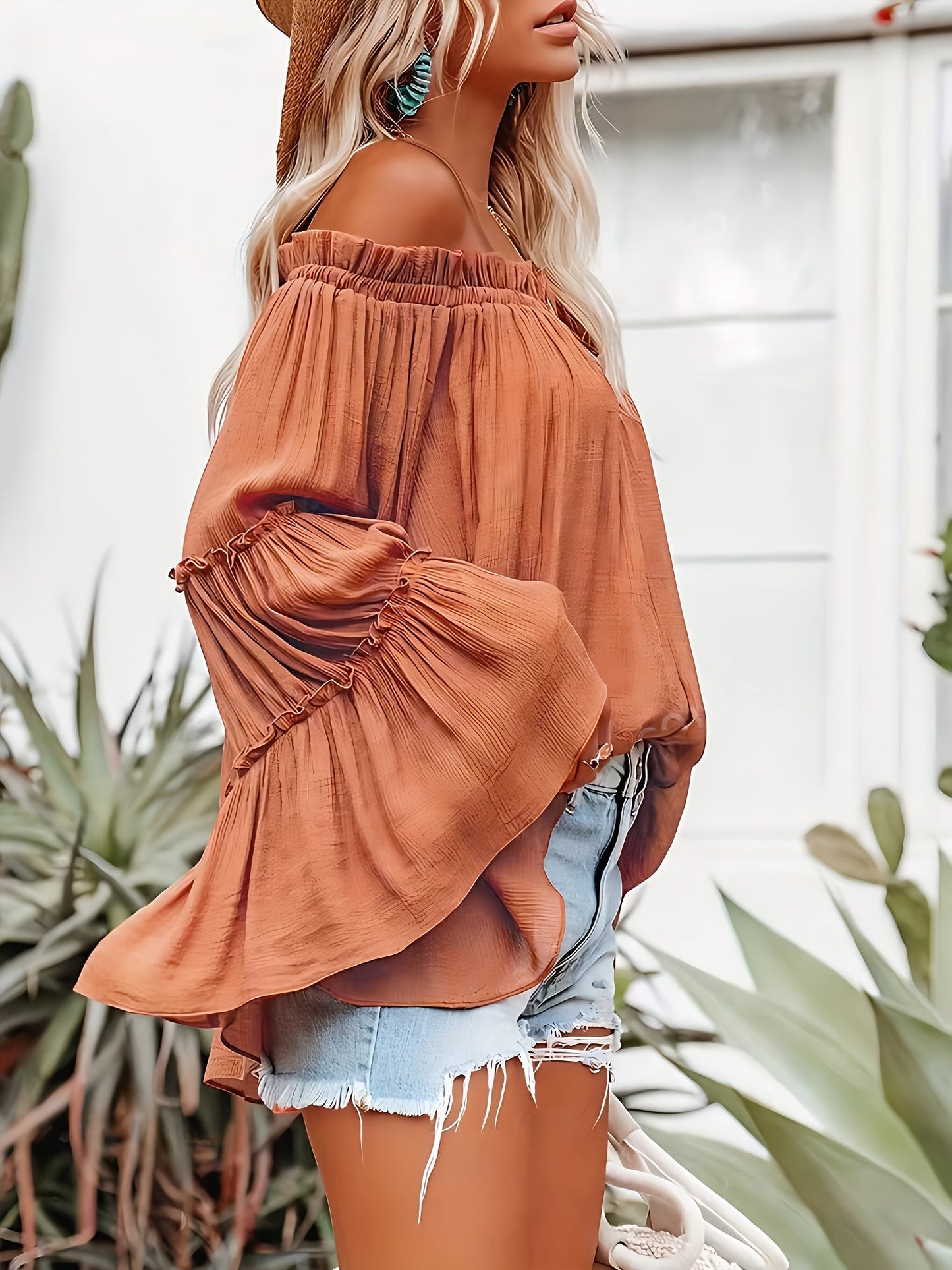 Women Elegant Solid Color off Shoulder Trumpet Sleeve Shirt
