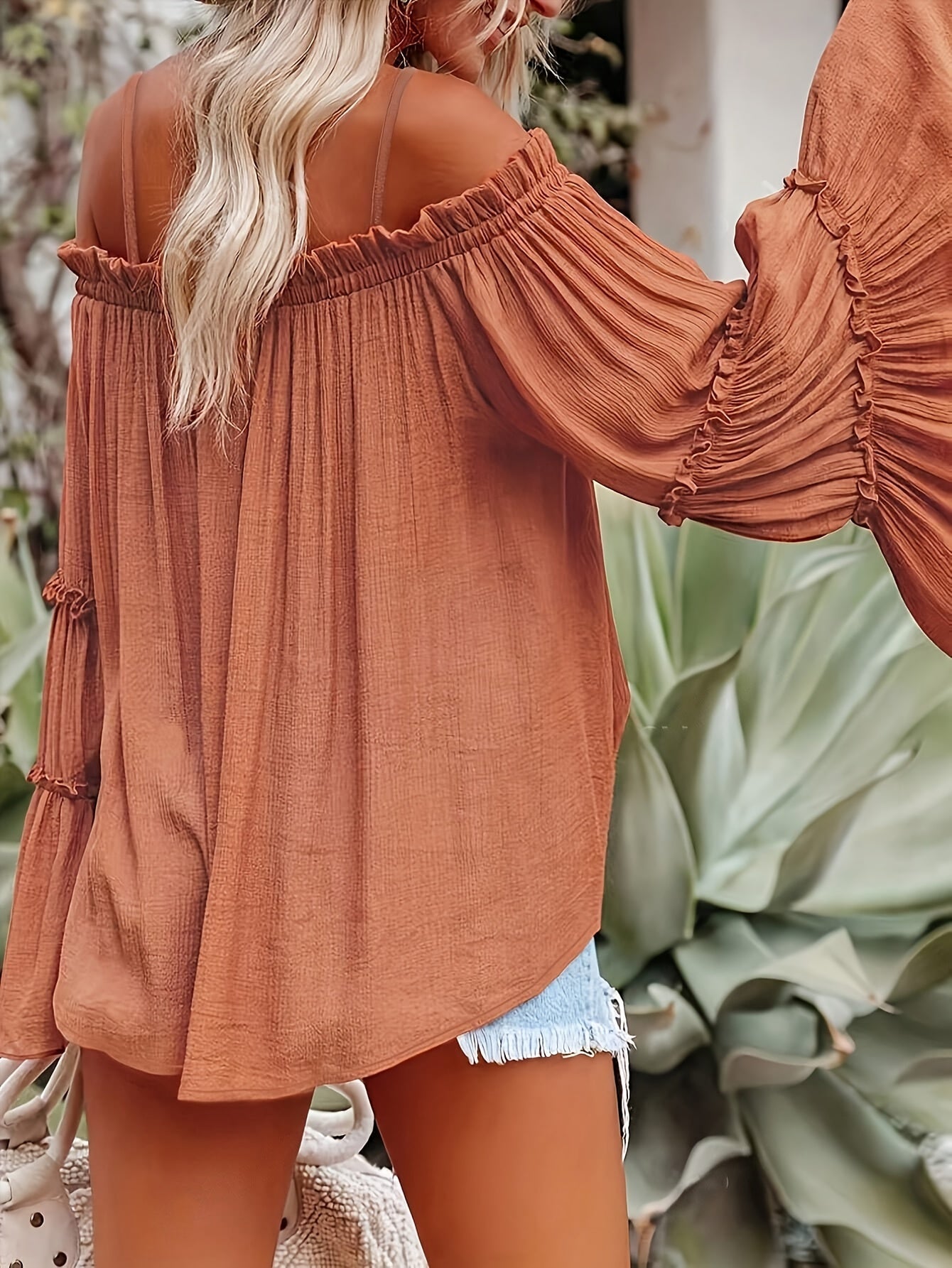 Women Elegant Solid Color off Shoulder Trumpet Sleeve Shirt