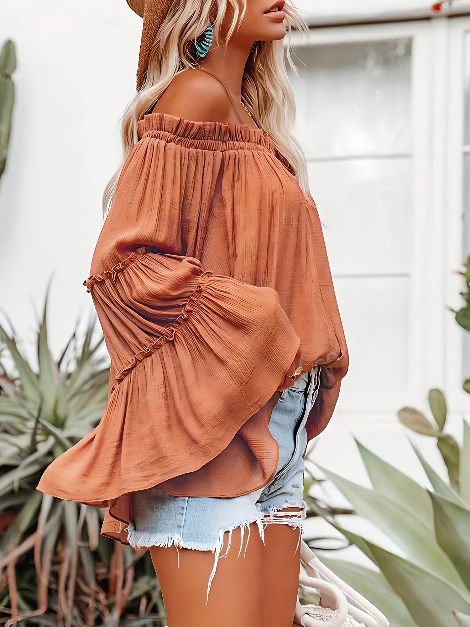 Women Elegant Solid Color off Shoulder Trumpet Sleeve Shirt