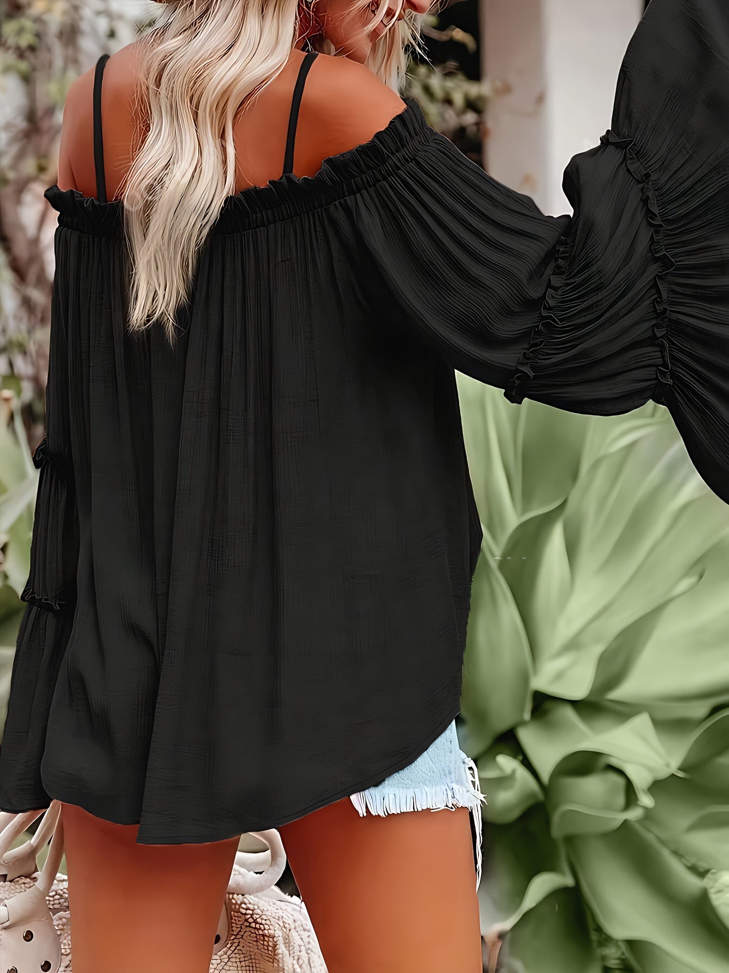 Women Elegant Solid Color off Shoulder Trumpet Sleeve Shirt